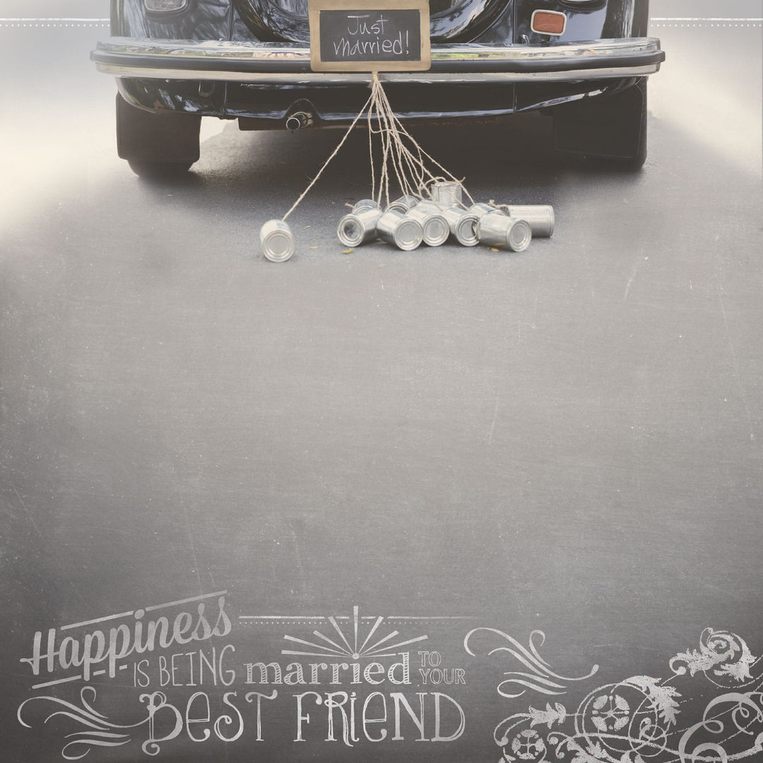 P-2419E - Married My Best Friend 12 x 12 Scrapbook Paper - Dark gray scrapbook paper featuring white text reading "Happiness is being married to your best friend" with decorative flourishes and tin cans