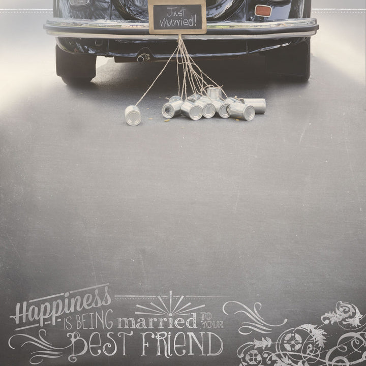 P-2419E - Married My Best Friend 12 x 12 Scrapbook Paper - Dark gray scrapbook paper featuring white text reading "Happiness is being married to your best friend" with decorative flourishes and tin cans