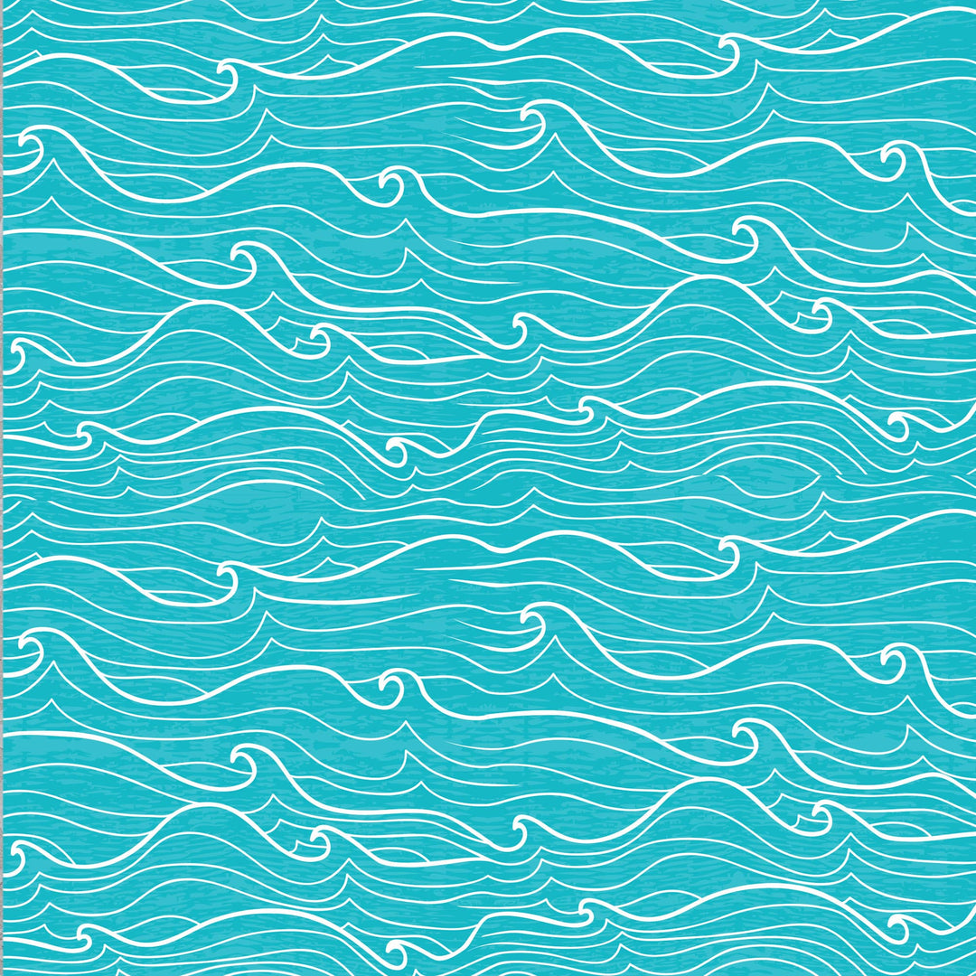 P-2421E - Beach Day 12 x 12 Scrapbook Paper - Turquoise scrapbook paper with white wavy lines and decorative curl motifs creating an ocean-inspired seamless pattern