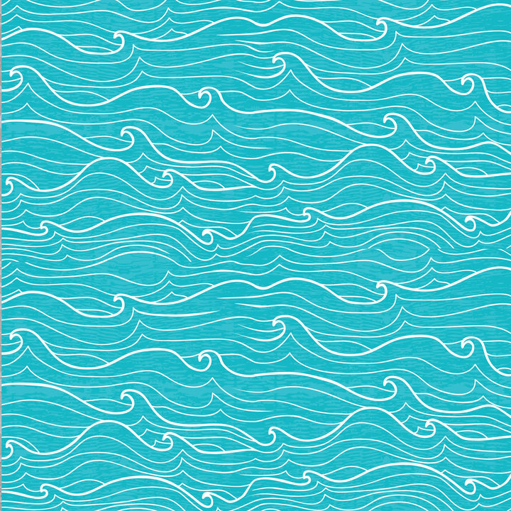 P-2421E - Beach Day 12 x 12 Scrapbook Paper - Turquoise scrapbook paper with white wavy lines and decorative curl motifs creating an ocean-inspired seamless pattern