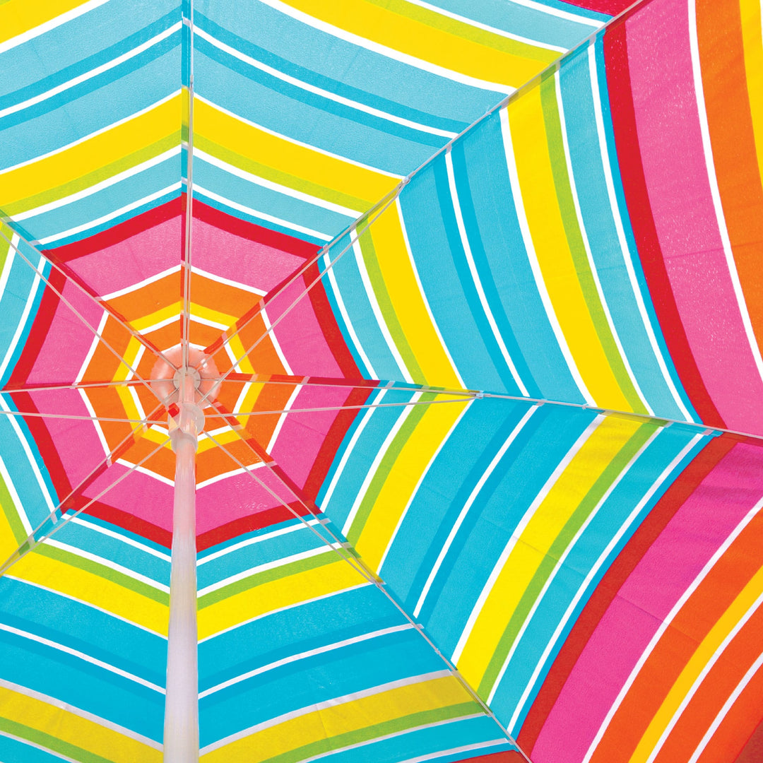P-2422E - Beach Umbrella 12 x 12 Scrapbook Paper - Colorful striped beach umbrella viewed from below, featuring bright bands of turquoise, yellow, pink, orange, and red with white dividing lines