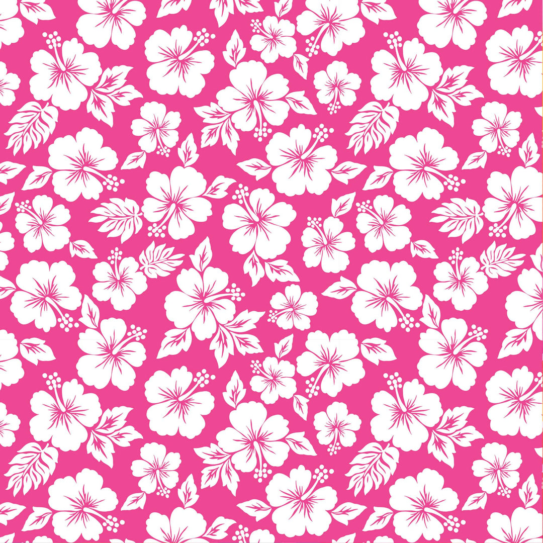 P-2423E - Pink Hibiscus 12 x 12 Scrapbook Paper - Bright pink background with white hibiscus flowers and leaves in a repeating floral pattern