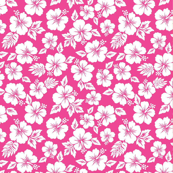 P-2423E - Pink Hibiscus 12 x 12 Scrapbook Paper - Bright pink background with white hibiscus flowers and leaves in a repeating floral pattern