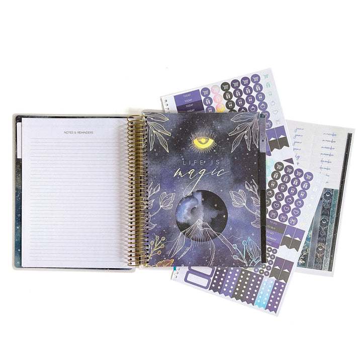 PL-2021E - Weekly Planner - Sun &amp; Moon Celestial - Spiral-bound planner with celestial sun and moon design featuring purple stickers and organizational tabs