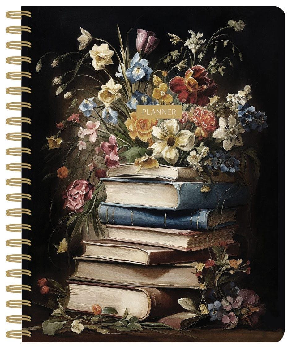 PL-2036E - Books & Flowers 12 Month Undated Planner - Spiral-bound black planner with gold binding featuring a stacked books design adorned with colorful vintage florals and a gold "PLANNER" label
