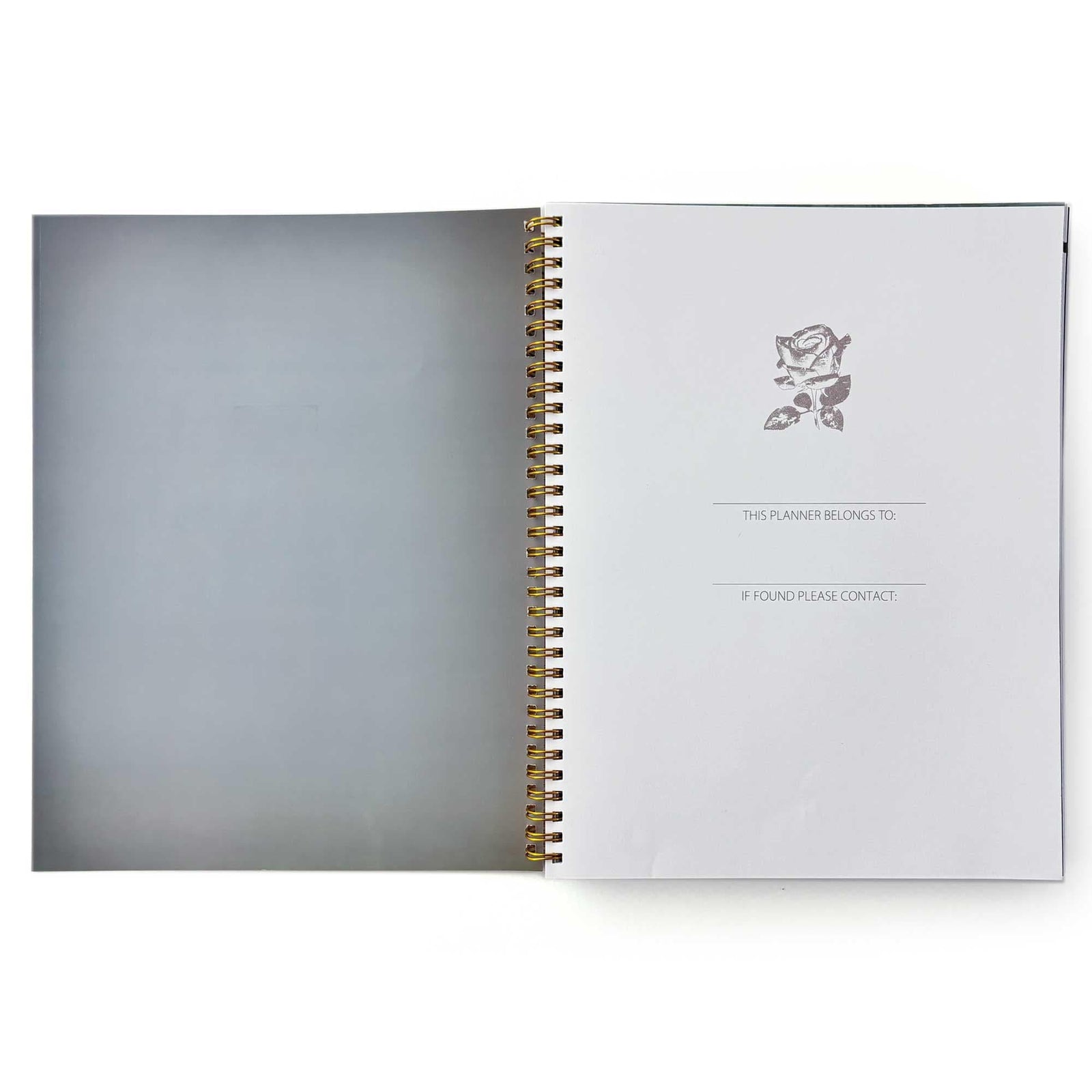 PL-2036E - Books & Flowers 12 Month Undated Planner - Open spiral-bound planner with gray cover and interior page featuring rose illustration and ownership/contact information fields