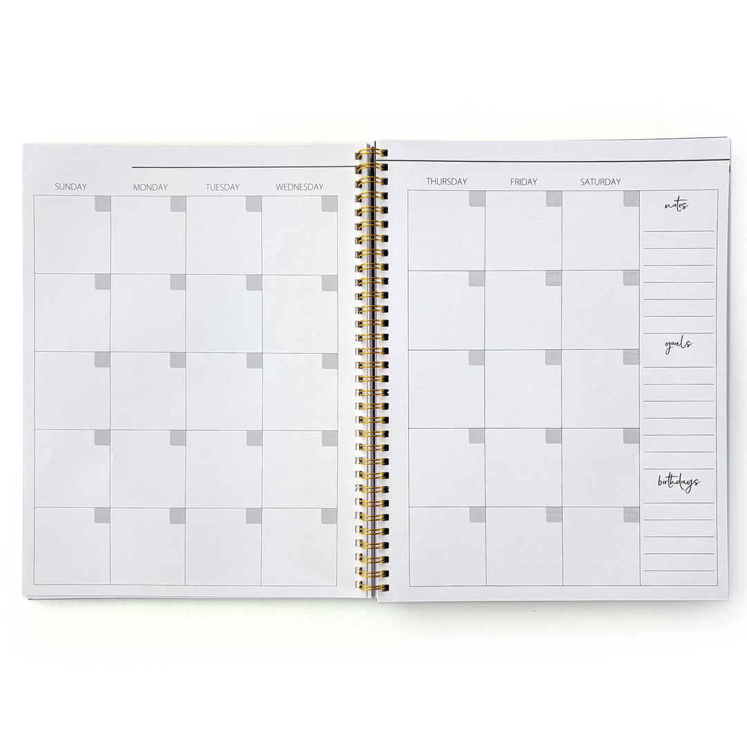 PL-2036E - Books &amp; Flowers 12 Month Undated Planner - Spiral-bound weekly planner with gold binding, showing Sunday through Saturday columns with gray checkbox accents and notes, goals, and birthdays sections on the right