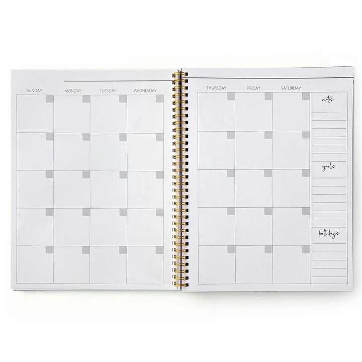 PL-2036E - Books &amp; Flowers 12 Month Undated Planner - Spiral-bound weekly planner with gold binding, showing Sunday through Saturday columns with gray checkbox accents and notes, goals, and birthdays sections on the right