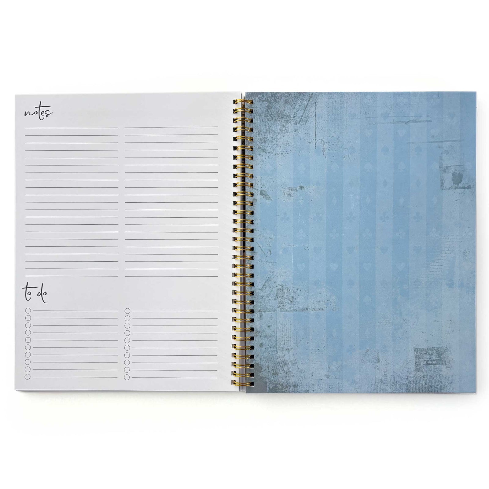 PL-2040E - Through the Keyhole 12 Month Undated Planner - Spiral-bound planner open to notes and to-do list pages with blue textured cover on right side
