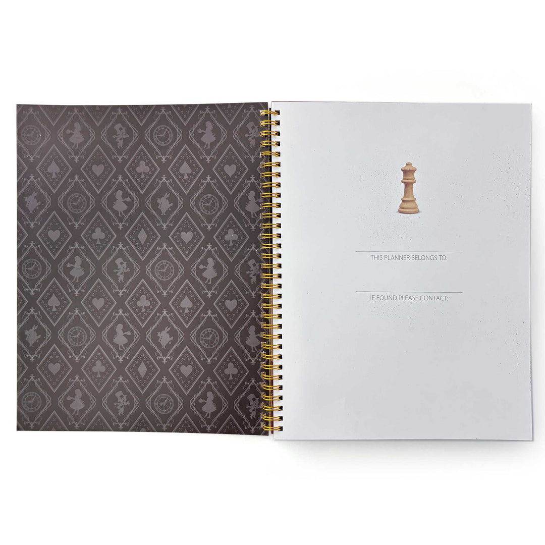PL-2040E - Through the Keyhole 12 Month Undated Planner - Spiral-bound planner with gray playing card patterned cover, open to ownership page featuring a chess pawn illustration