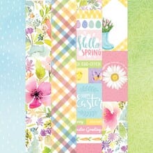 PSET-0006E - Spring Easter Paper Assortment - Colorful assortment of spring-themed papers featuring florals, gingham patterns, and Easter messages in pastels