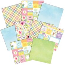 PSET-0006E - Spring Easter Paper Assortment - Assorted pastel-colored decorative papers featuring Easter and spring designs including gingham patterns, florals, and pastel solids