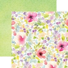 PSET-0006E - Spring Easter Paper Assortment - Two sheets of colorful floral patterned paper with pink, purple, and yellow flowers on white and green backgrounds
