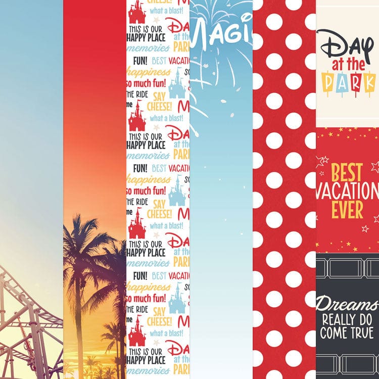 PSET-0010E - Magic Memories 12 x 12 Scrapbook Paper Set - Six vertical paper strips featuring Disney park themes with castles, polka dots, fireworks, palm trees, and inspirational text in red, blue, and cream colors