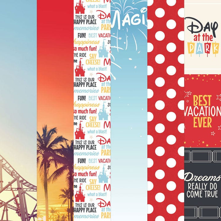 PSET-0010E - Magic Memories 12 x 12 Scrapbook Paper Set - Six vertical paper strips featuring Disney park themes with castles, polka dots, fireworks, palm trees, and inspirational text in red, blue, and cream colors