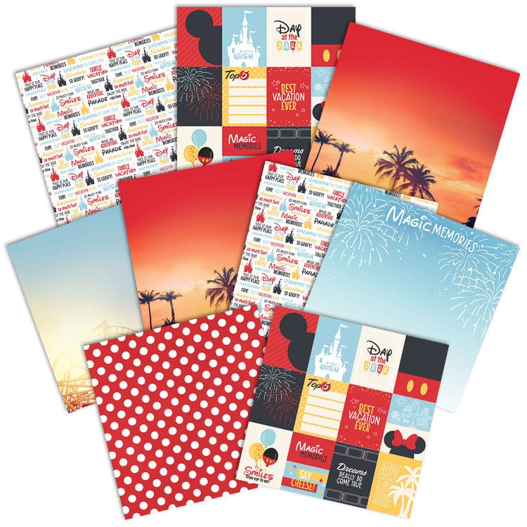 PSET-0010E - Magic Memories 12 x 12 Scrapbook Paper Set - Disney-themed scrapbook paper assortment with sunset, polka dot, and patterned designs in red, blue, and gold tones