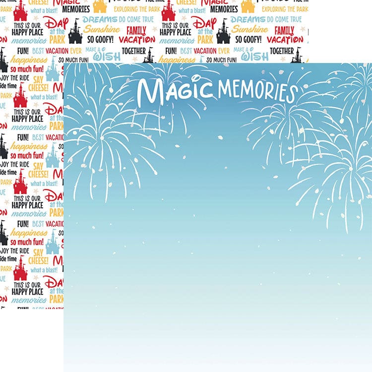 PSET-0010E - Magic Memories 12 x 12 Scrapbook Paper Set - Scrapbook paper featuring Disney-themed text and castle graphics on left border, with fireworks and "Magic Memories" text on blue sky background