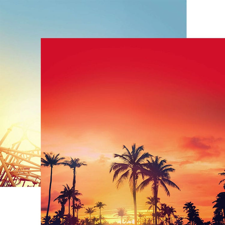 PSET-0010E - Magic Memories 12 x 12 Scrapbook Paper Set - Scrapbook paper featuring a sunset gradient with palm tree silhouettes and amusement park imagery