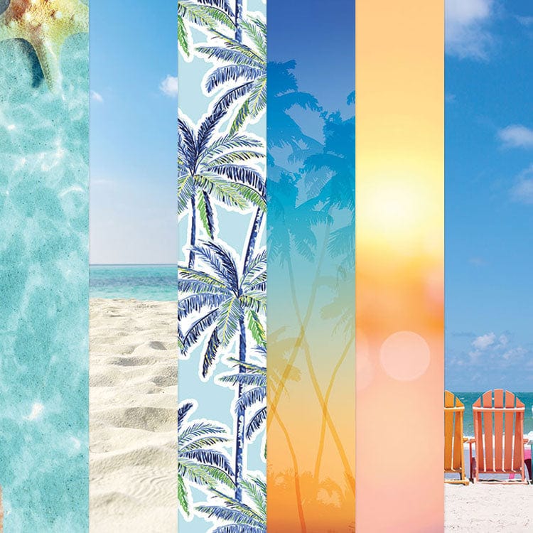 PSET-0011E - Tropical Beach 12 x 12 Scrapbook Paper Set - Six vertical strips featuring tropical beach scenes including turquoise water, sand, palm trees, sunset gradient, and a beach chair