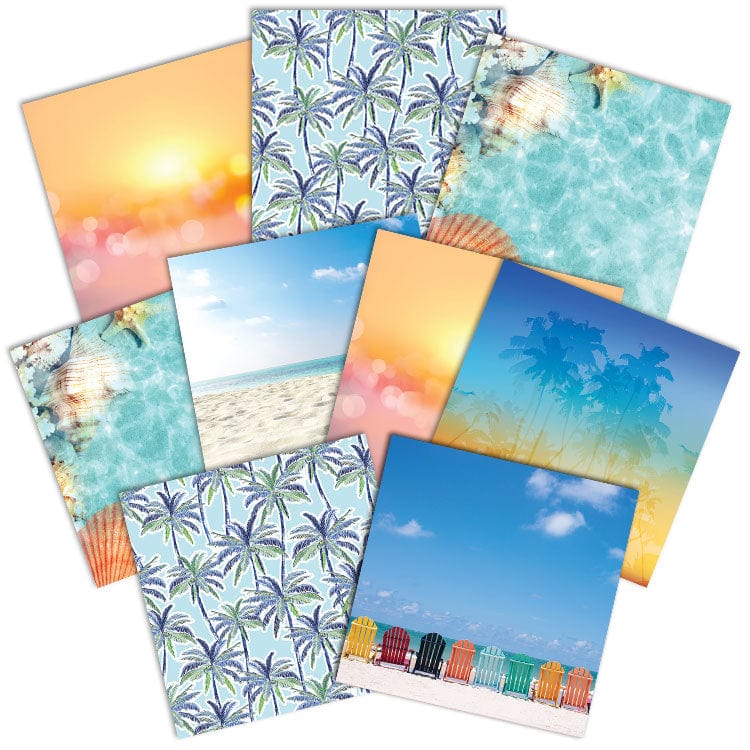 PSET-0011E - Tropical Beach 12 x 12 Scrapbook Paper Set - Collection of 8 decorative papers featuring tropical designs, ocean scenes, sunsets, palm trees, and beach elements in blue, turquoise, and gold tones