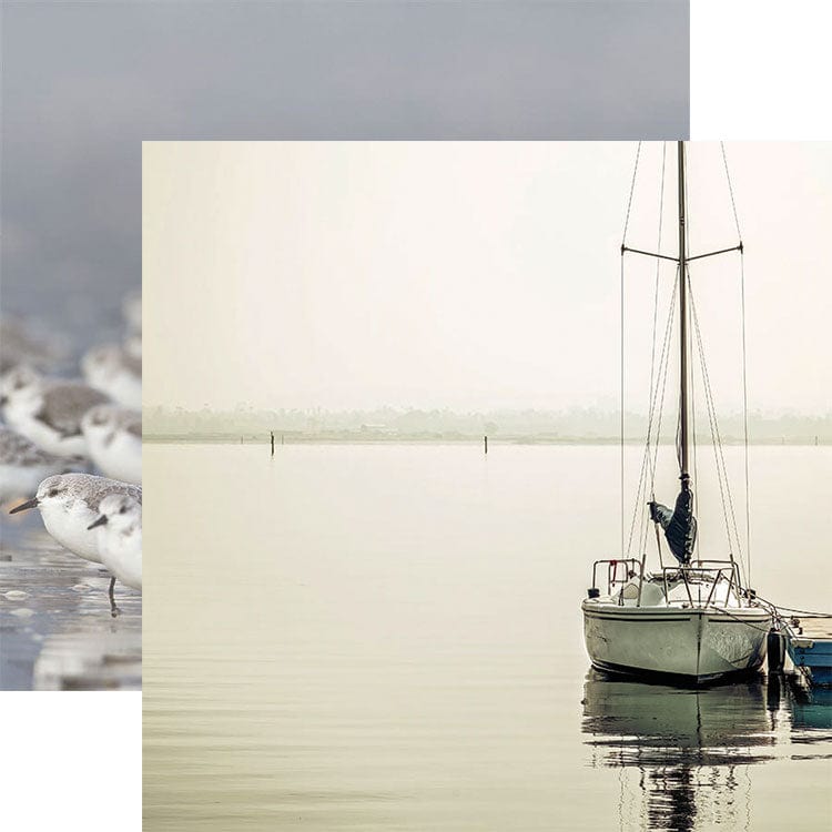 PSET-0012E - East Coast Beach 12 x 12 Scrapbook Paper Set - Coastal-themed scrapbook paper featuring a sailboat on calm water, a shorebird, and soft neutral tones
