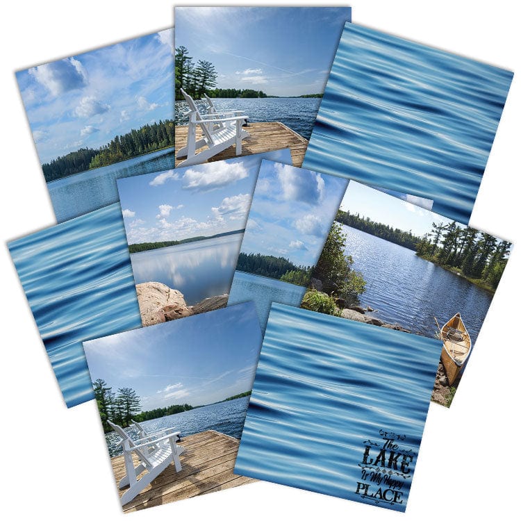 PSET-0013E - Lake Life 12 x 12 Scrapbook Paper Set - Twelve assorted 12x12 scrapbook papers featuring lake scenes, water patterns, docks, and "Lake Life" text in blue tones