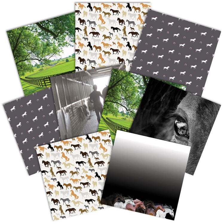 PSET-0014E - Horse 12 x 12 Scrapbook Paper Set - Assorted 12x12 scrapbook papers featuring horse patterns, pastoral landscapes, and black-and-white equestrian photography