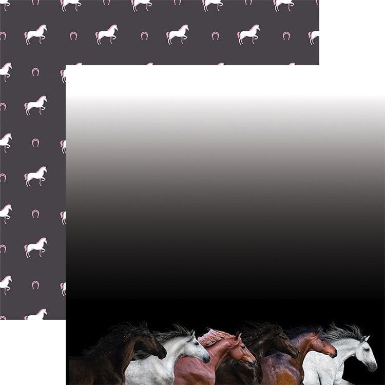 PSET-0014E - Horse 12 x 12 Scrapbook Paper Set - Dark gray paper with white horse and horseshoe icons, displayed with coordinating sheets featuring realistic horse heads