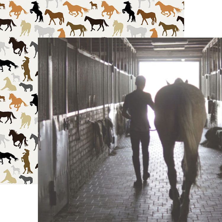 PSET-0014E - Horse 12 x 12 Scrapbook Paper Set - Repeating pattern of horse silhouettes in brown, black, tan, and gray on white background