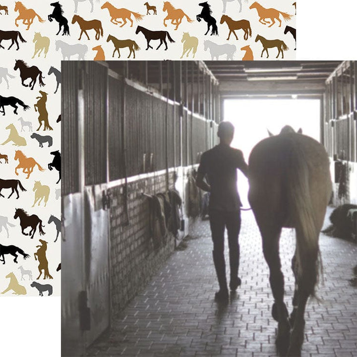 PSET-0014E - Horse 12 x 12 Scrapbook Paper Set - Repeating pattern of horse silhouettes in brown, black, tan, and gray on white background