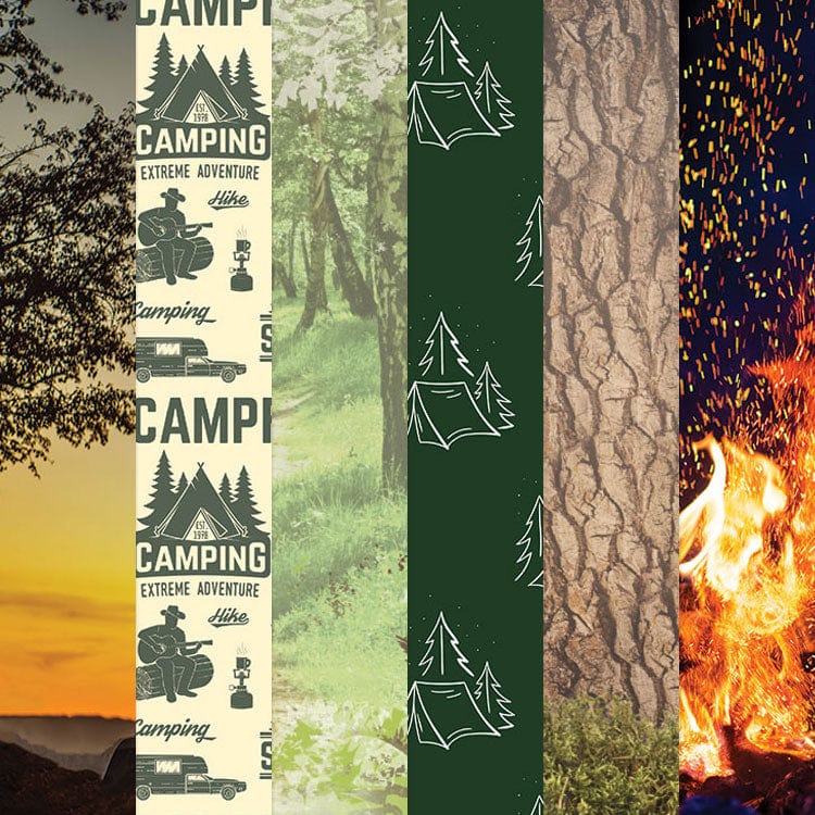 PSET-0015E - Camping 12 x 12 Scrapbook Paper Set - Six vertical strips featuring camping themes: sunset, camping logos with trees and tent, forest scenery, tent outlines on green, tree bark texture, and campfire flames