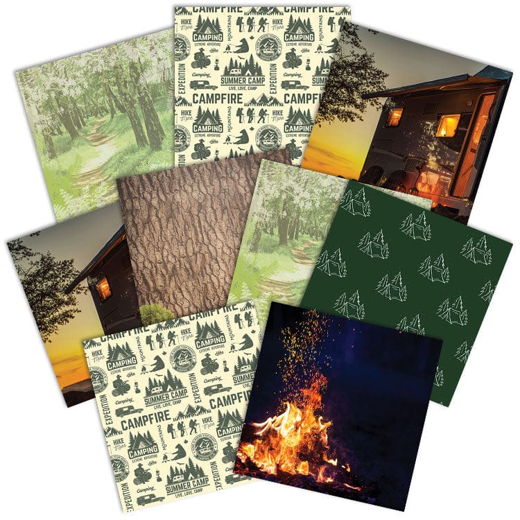 PSET-0015E - Camping 12 x 12 Scrapbook Paper Set - Twelve 12x12 scrapbook papers featuring camping themes including forest paths, campfires, cabins, trees, and vintage camping icons in green, cream, brown, and blue