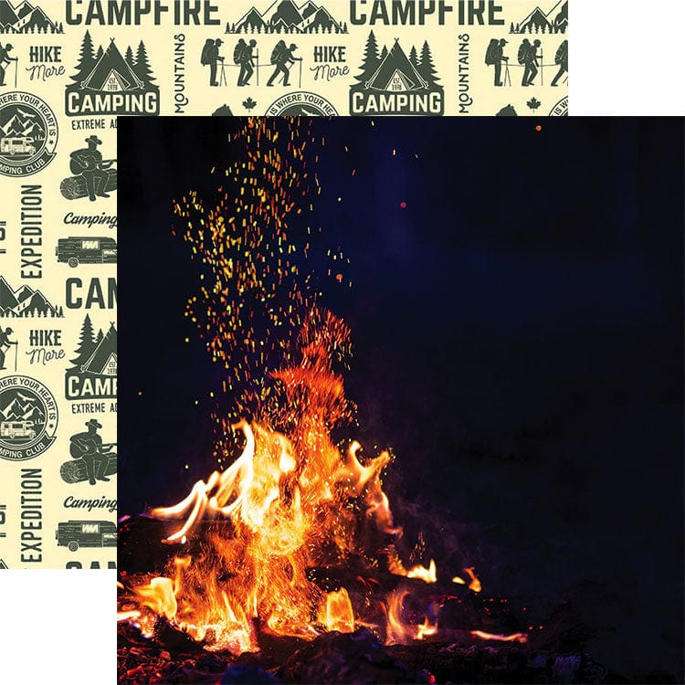 PSET-0015E - Camping 12 x 12 Scrapbook Paper Set - Camping-themed scrapbook paper featuring campfire and hiking graphics on cream background with dark green text and icons