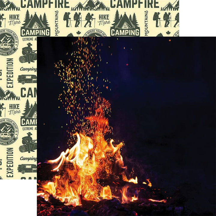 PSET-0015E - Camping 12 x 12 Scrapbook Paper Set - Camping-themed scrapbook paper featuring campfire and hiking graphics on cream background with dark green text and icons