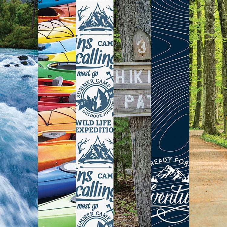 PSET-0016E - Outdoor Adventure 12 x 12 Scrapbook Paper Set - Five vertical strips featuring kayaks, camping logos, tree bark, forest paths, and outdoor adventure text in blue, orange, and natural tones