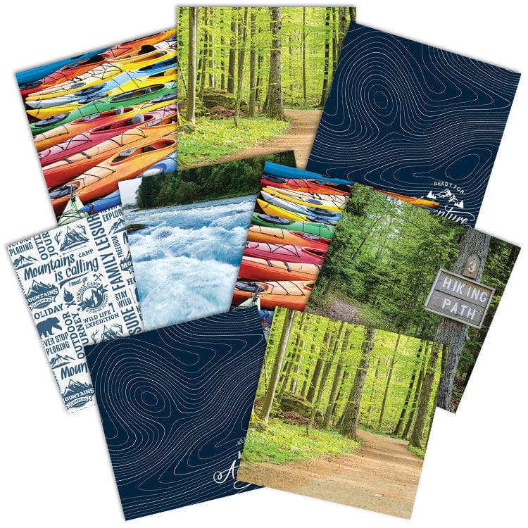 PSET-0016E - Outdoor Adventure 12 x 12 Scrapbook Paper Set - Collection of 8 scrapbook papers featuring kayaks, forests, rivers, hiking paths, and topographic map designs in blue, green, and natural tones