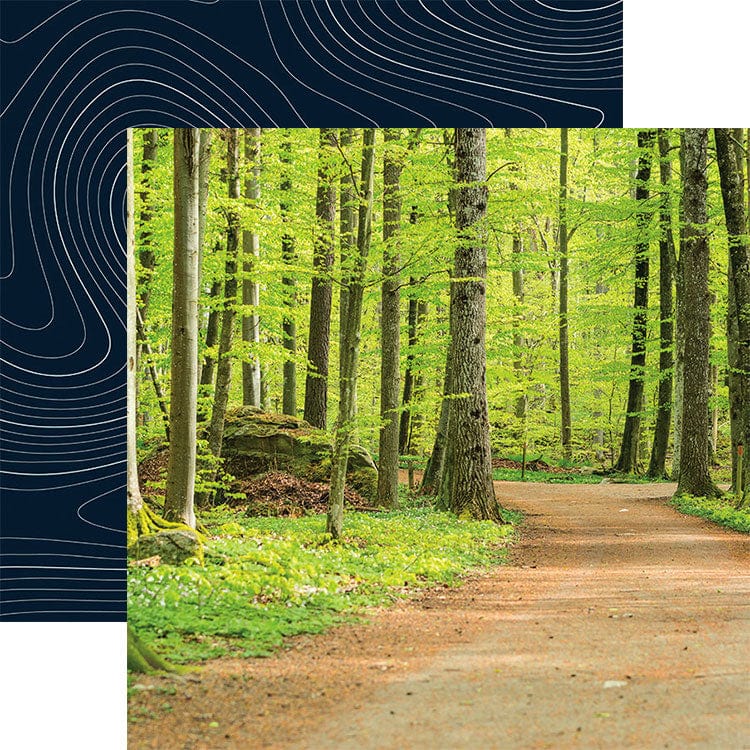 PSET-0016E - Outdoor Adventure 12 x 12 Scrapbook Paper Set - Forest path with tall trees and green foliage beside dark blue decorative swirl design element