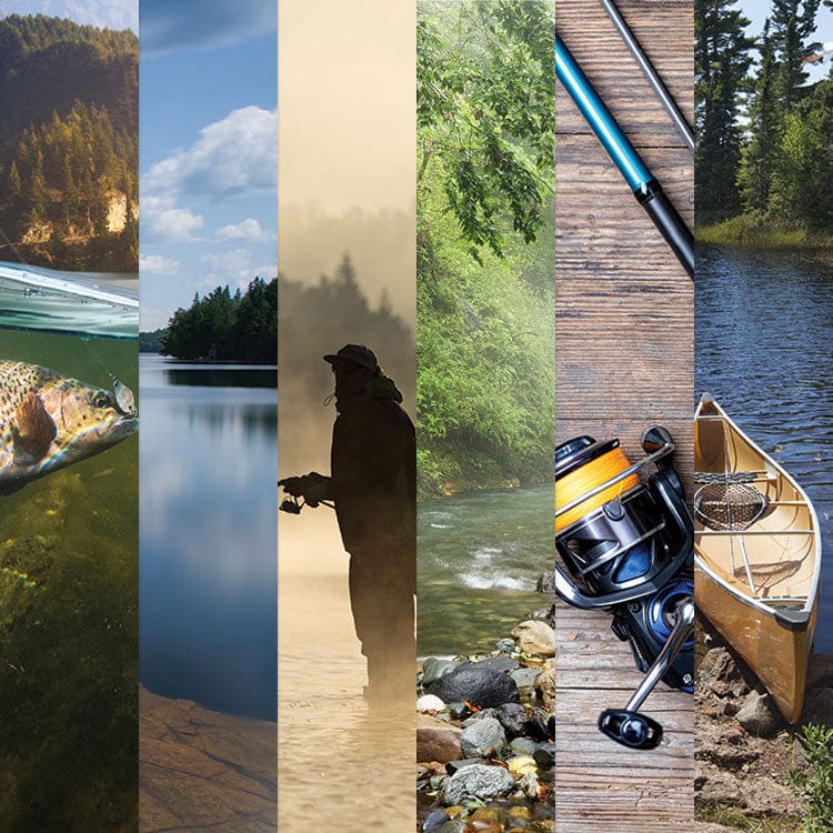 PSET-0017E - Fishing 12 x 12 Scrapbook Paper Set - Six vertical panels featuring fishing scenes: trout, serene lake, silhouetted angler, aquatic plants, fishing reel, and canoe by water