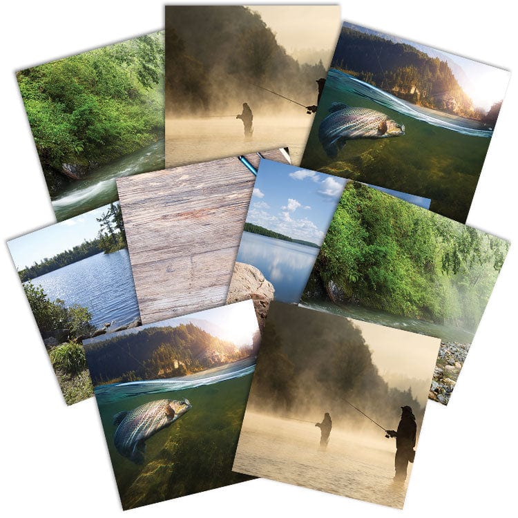 PSET-0017E - Fishing 12 x 12 Scrapbook Paper Set - Collection of 12 fishing and nature-themed scrapbook papers featuring lakes, forests, fishing scenes, and wooden dock imagery