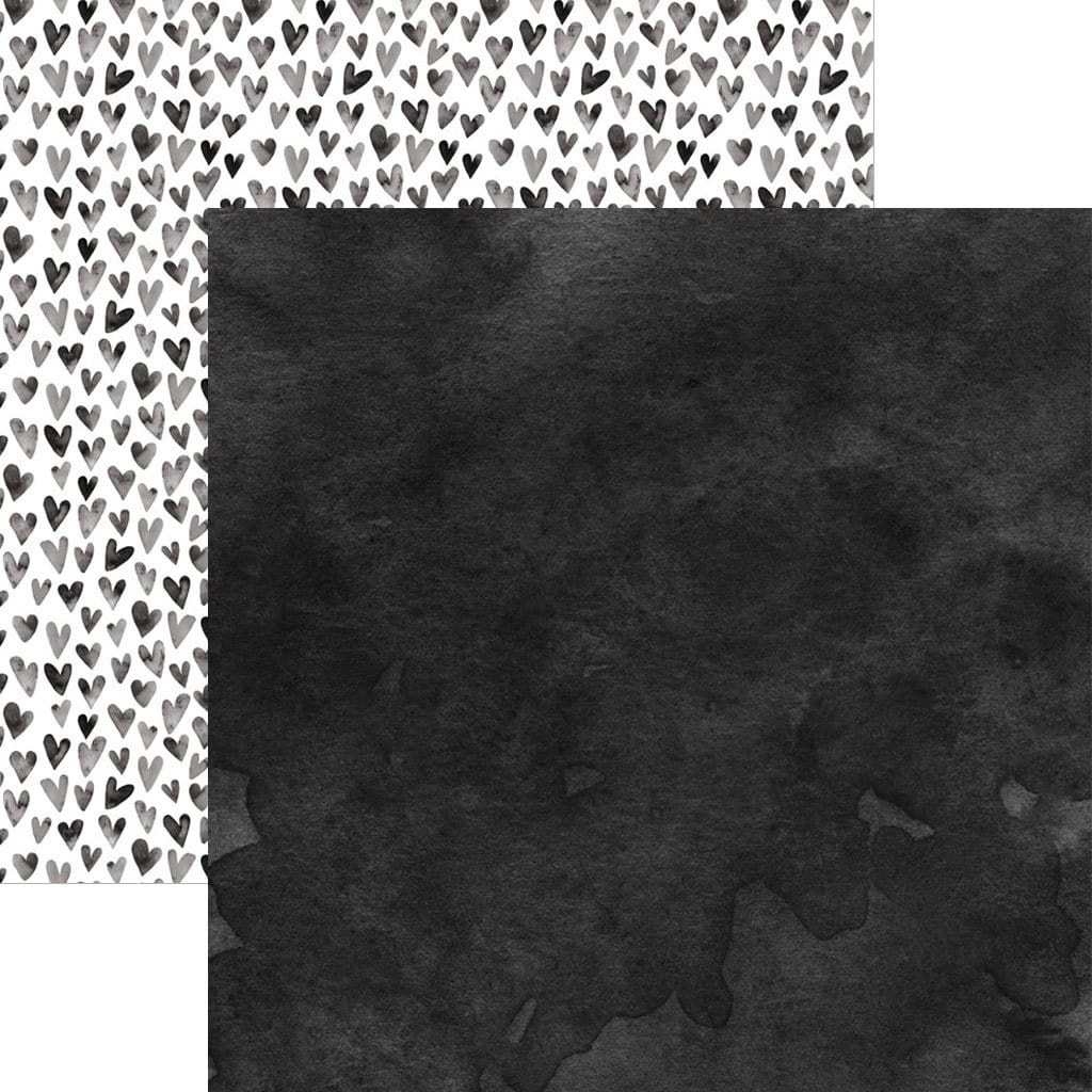 PSET-0018E - Black Colorways Pattern 12 x 12 Scrapbook Paper Set - Two-sided scrapbook paper showing heart pattern on white background and dark charcoal textured surface
