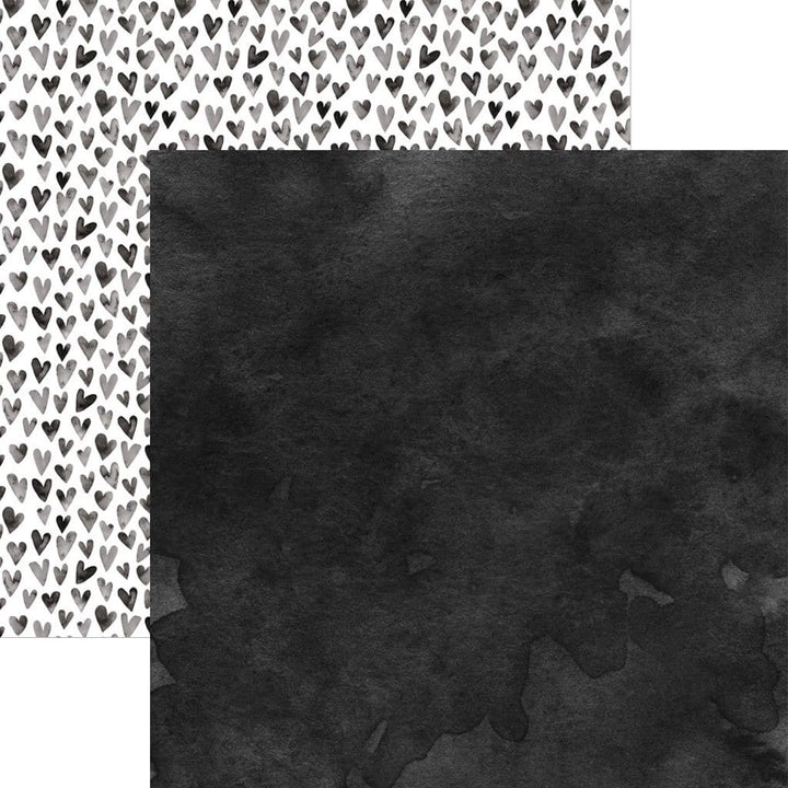 PSET-0018E - Black Colorways Pattern 12 x 12 Scrapbook Paper Set - Two-sided scrapbook paper showing heart pattern on white background and dark charcoal textured surface
