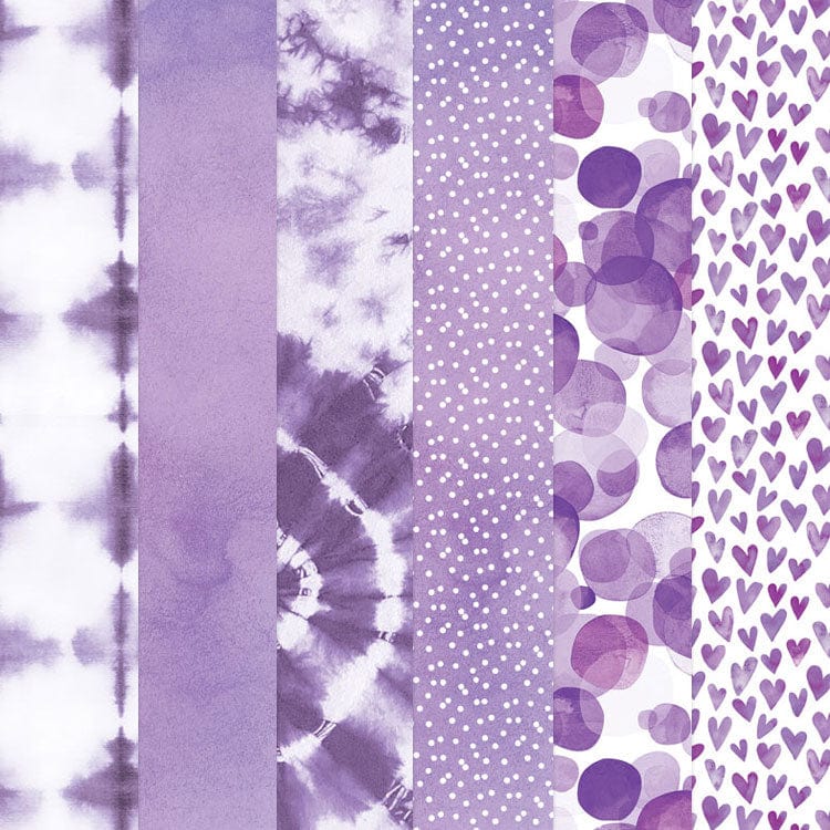 PSET-0020E - Purple Colorways Pattern 12 x 12 Scrapbook Paper Set - Six vertical purple scrapbook paper strips showing tie-dye, solid, polka dot, and heart patterns