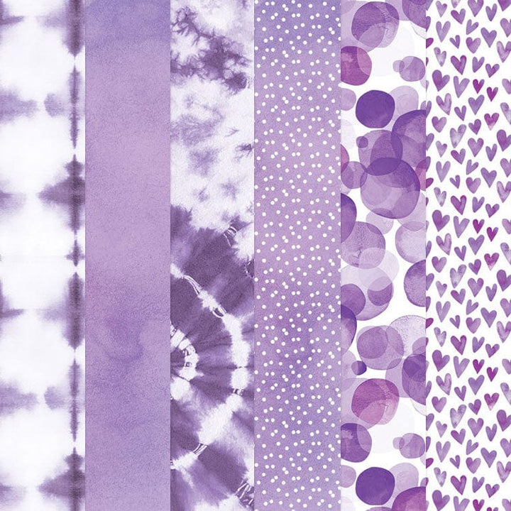 PSET-0020E - Purple Colorways Pattern 12 x 12 Scrapbook Paper Set - Six vertical purple scrapbook paper strips showing tie-dye, solid, polka dot, and heart patterns