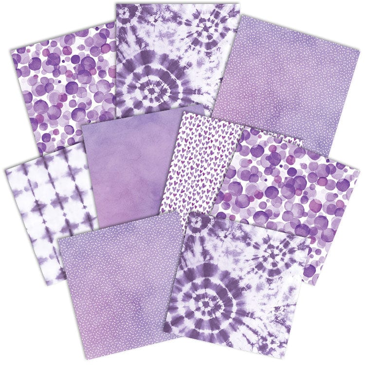 PSET-0020E - Purple Colorways Pattern 12 x 12 Scrapbook Paper Set - Ten sheets of purple and white patterned scrapbook paper featuring circles, tie-dye, dots, and solid designs