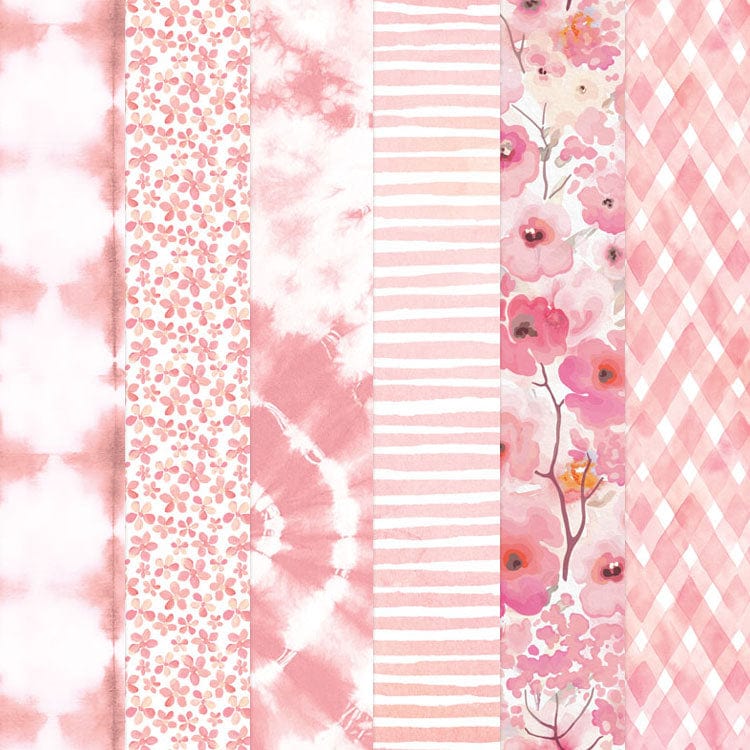 PSET-0021E - Pink Colorways Pattern 12 x 12 Scrapbook Paper Set - Six vertical strips of pink patterned scrapbook paper featuring watercolor, floral, striped, and geometric designs