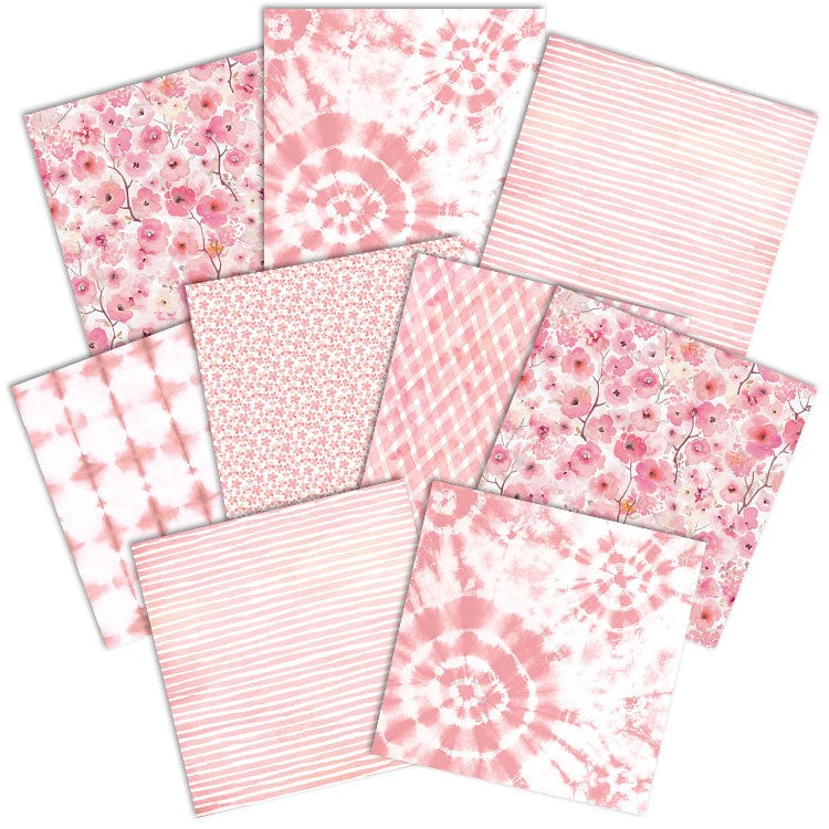 PSET-0021E - Pink Colorways Pattern 12 x 12 Scrapbook Paper Set - Nine pink-patterned 12x12 scrapbook papers featuring florals, tie-dye, stripes, gingham, and small-scale prints arranged in an overlapping display