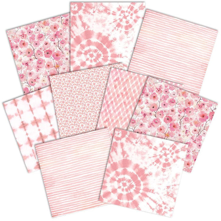 PSET-0021E - Pink Colorways Pattern 12 x 12 Scrapbook Paper Set - Nine pink-patterned 12x12 scrapbook papers featuring florals, tie-dye, stripes, gingham, and small-scale prints arranged in an overlapping display