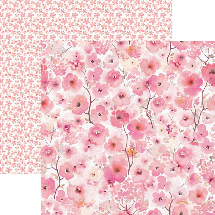 PSET-0021E - Pink Colorways Pattern 12 x 12 Scrapbook Paper Set - Two coordinating pink floral scrapbook paper designs featuring delicate watercolor flowers and small botanical patterns on white backgrounds
