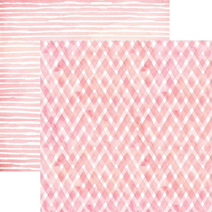 PSET-0021E - Pink Colorways Pattern 12 x 12 Scrapbook Paper Set - Two overlapping sheets of pink scrapbook paper with striped and argyle patterns in varying shades of pink and white