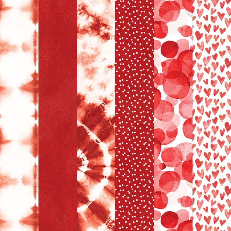 PSET-0022E - Red Colorways Pattern 12 x 12 Scrapbook Paper Set - Six vertical red and white patterned strips featuring tie-dye, solid, polka dots, and heart designs